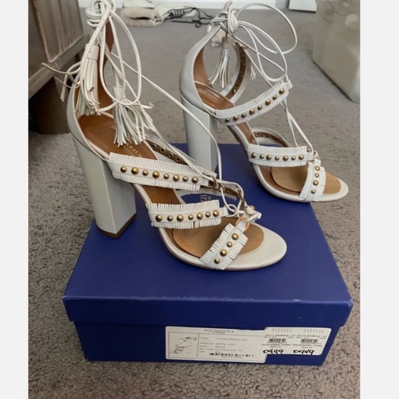 AQUAZZURA White Tulum Fringed Leather Studded Gladiators Sandal Size 8.5 - Picture 1 of 11